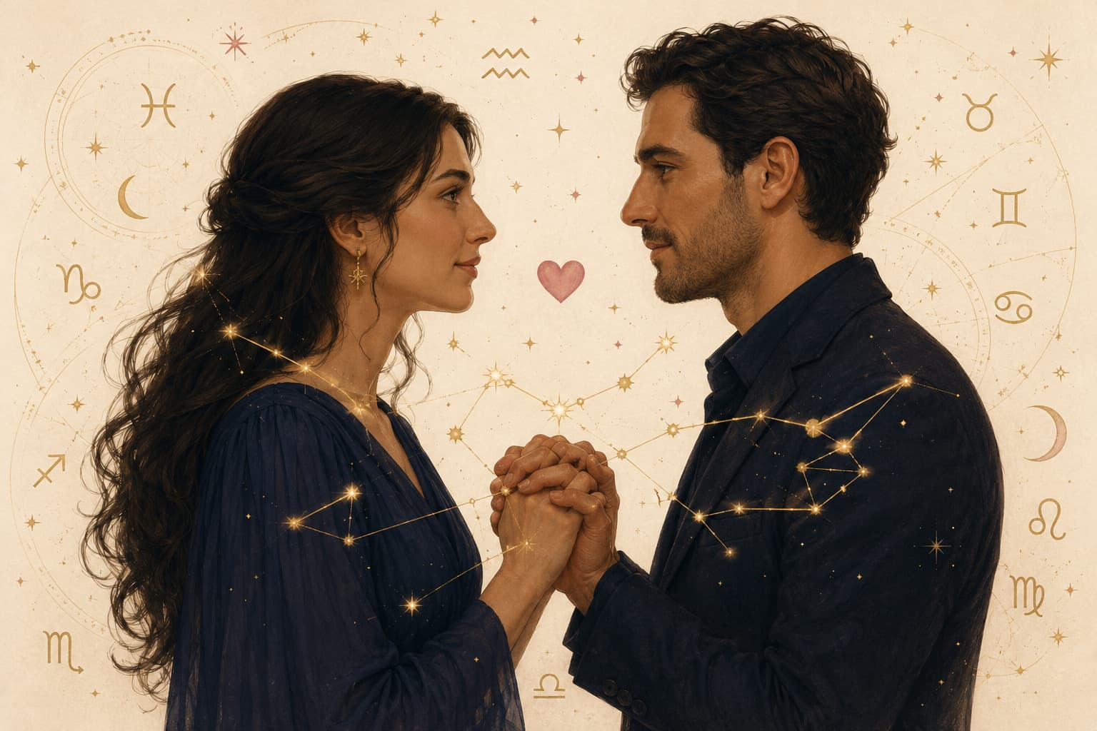 Carla e Marco, i fondatori di Coppiastrale, mani intrecciate sotto un cielo stellato